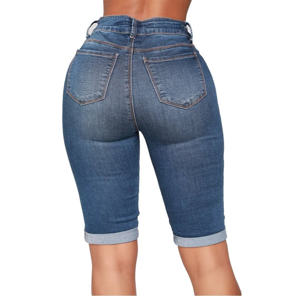 Elastic Knee Length Stretch Jean Shorts