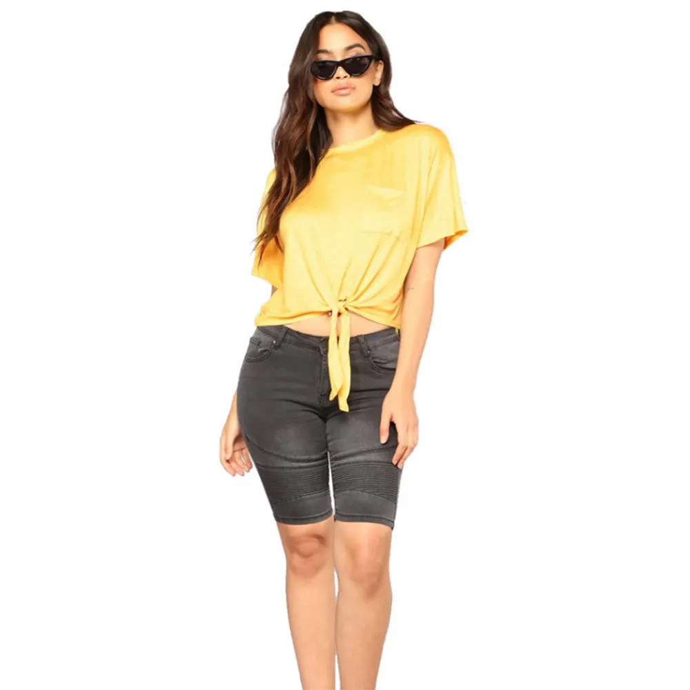 Elastic Knee Length Stretch Jean Shorts