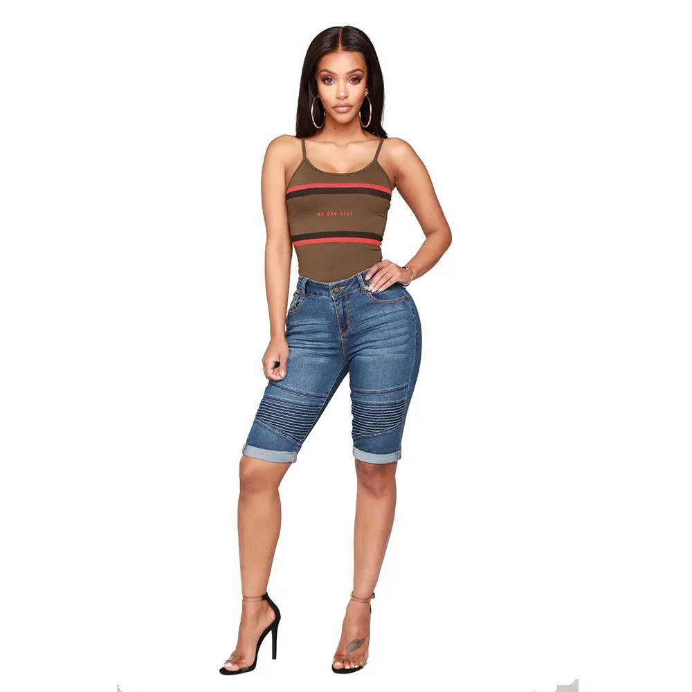 Elastic Knee Length Stretch Jean Shorts