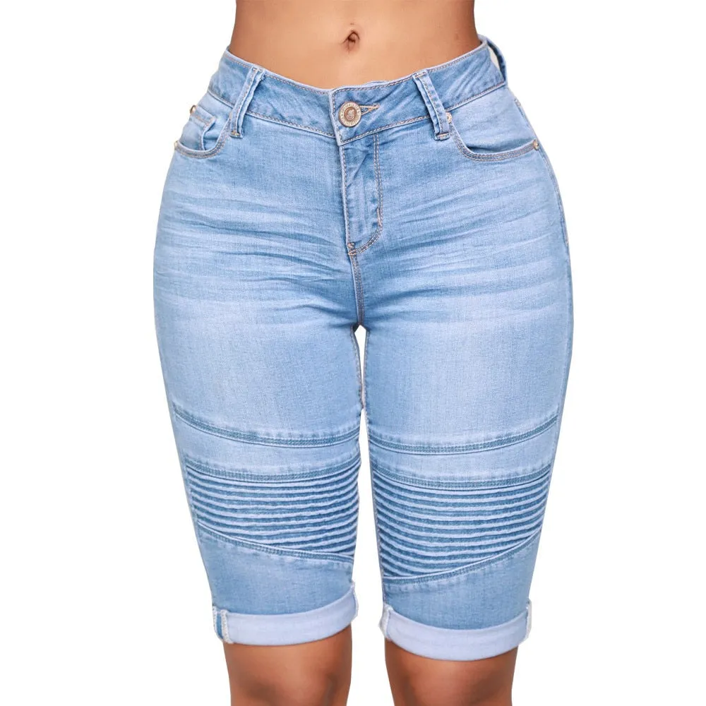 Elastic Knee Length Stretch Jean Shorts