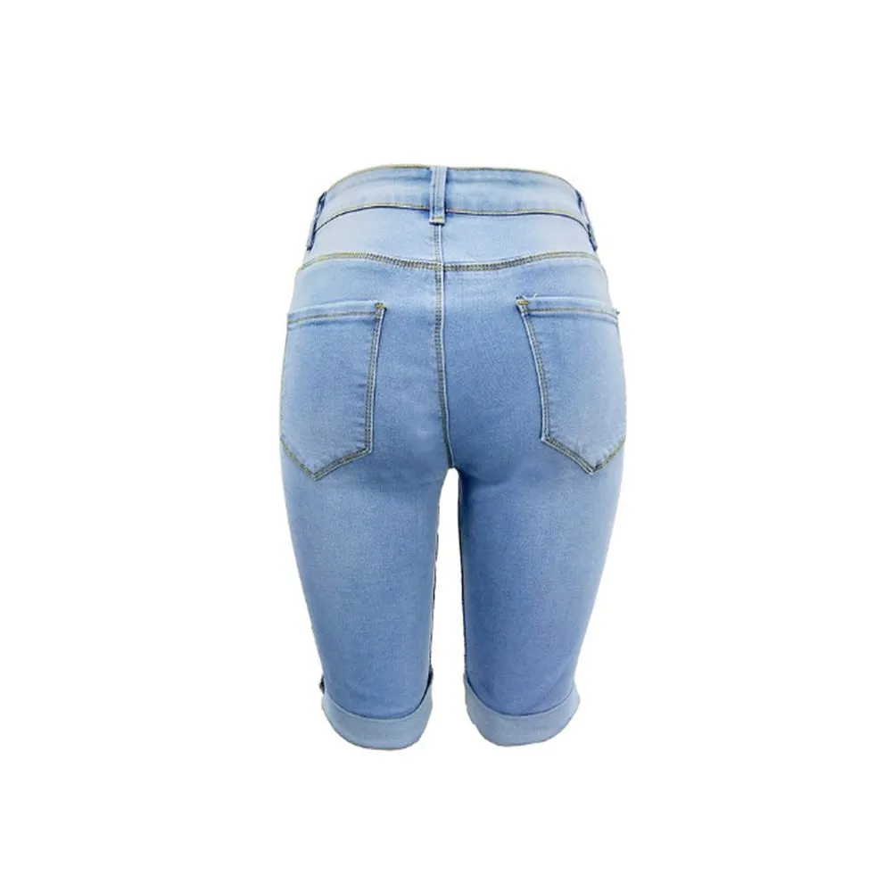 Elastic Knee Length Stretch Jean Shorts