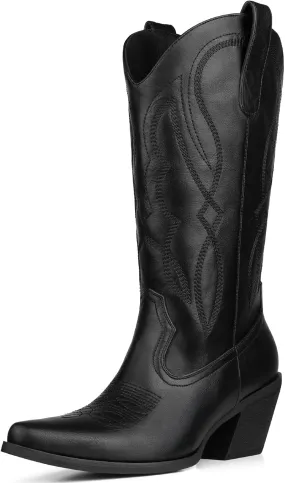 Embroidered Cowgirl Boots Women's Wide Calf Pointed Toe Cowboy Boots With Side Half Zip Mid Calf Block Heel Western Boots Lady Retro Country Boots Size 7-10