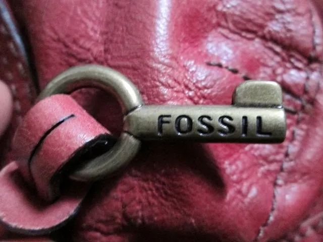 FOSSIL distressed leather satchel shoulder hobo saddle bag RED tote key
