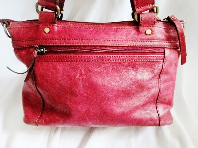 FOSSIL distressed leather satchel shoulder hobo saddle bag RED tote key
