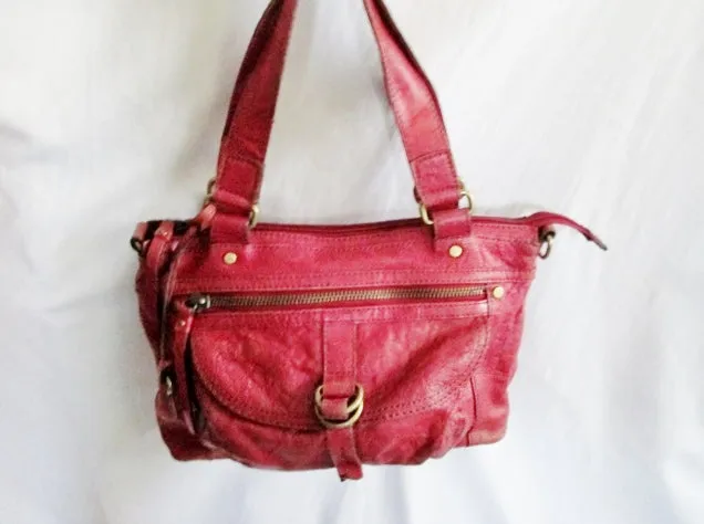 FOSSIL distressed leather satchel shoulder hobo saddle bag RED tote key