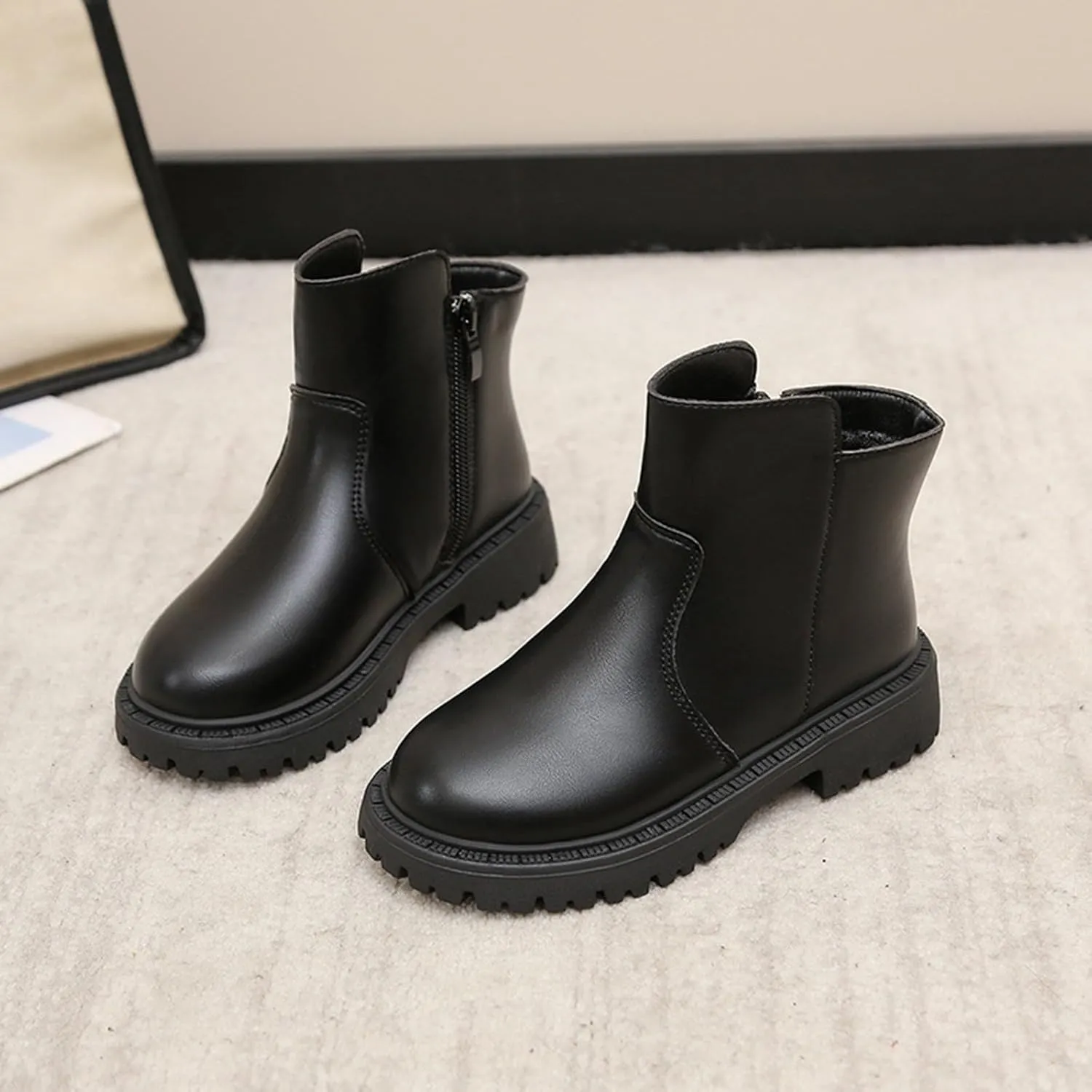 Girls Low Heel Ankle Boots Soft Sole Lightweight Synthetic Non-Slip High Top Leather Casual Bog Herringbone Boots