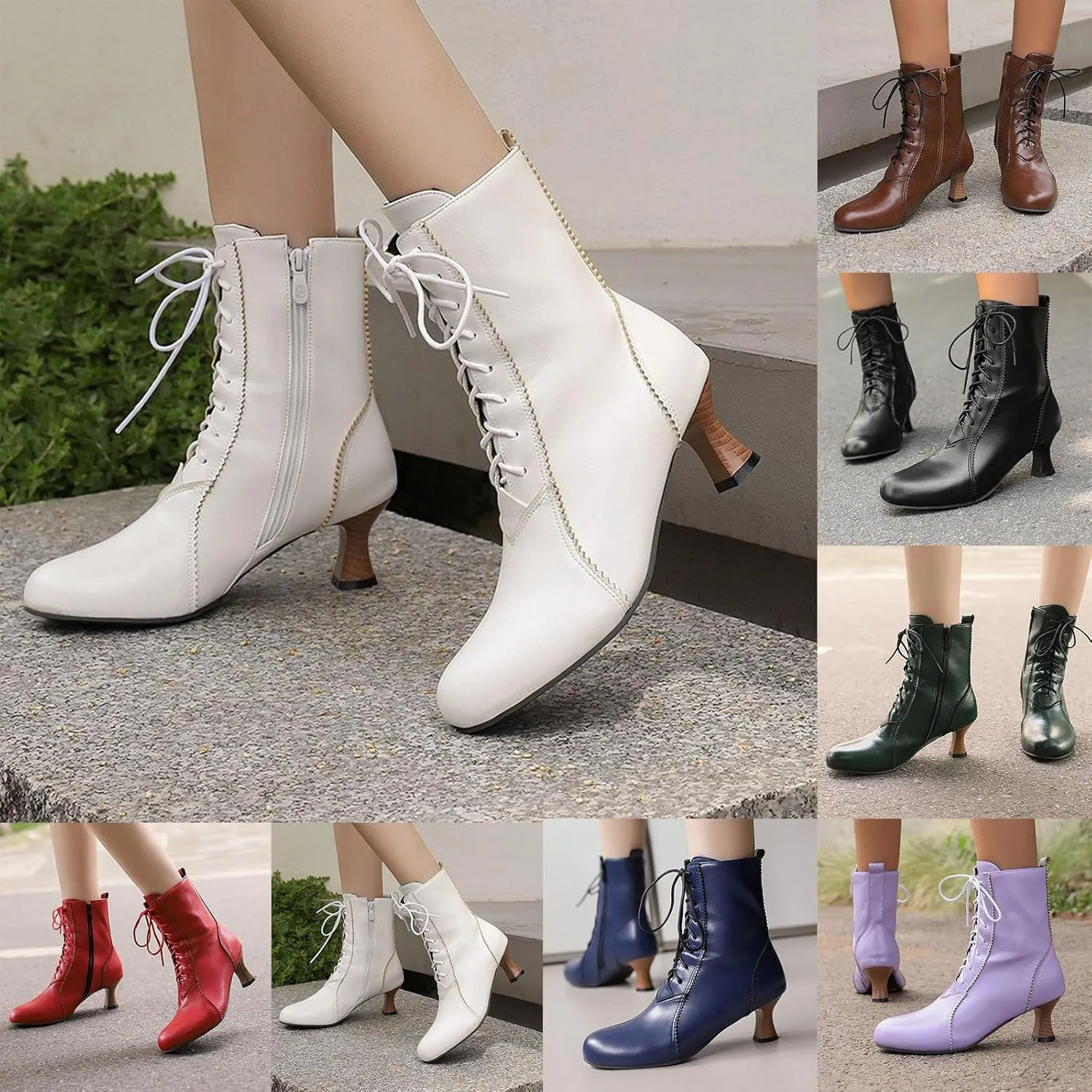 Gothic Boots for Women Vintage Victorian Boots Renaissance Ankle Boots Low Heel Lace Up Cowboy Booties with Zipper