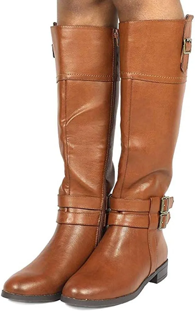 Hbeylia Knee High Boots For Women Fashion Casual Leather Round Toe Low Heels Knee Length Long Boots With Side Zipper Slip On Flats Winter Fall Dress Motorcycle Riding Combat Tall Boots For Ladies