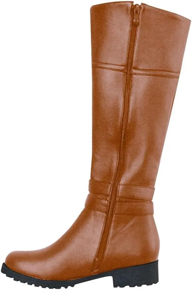 Hbeylia Knee High Boots For Women Fashion Casual Leather Round Toe Low Heels Knee Length Long Boots With Side Zipper Slip On Flats Winter Fall Dress Motorcycle Riding Combat Tall Boots For Ladies