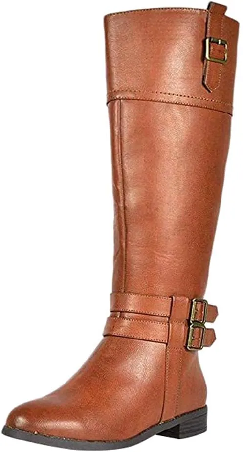 Hbeylia Knee High Boots For Women Fashion Casual Leather Round Toe Low Heels Knee Length Long Boots With Side Zipper Slip On Flats Winter Fall Dress Motorcycle Riding Combat Tall Boots For Ladies