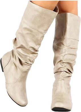 Hbeylia Knee High Boots For Women Vintage Slouchy Ruched Wide Over The Knee Length Boots Ladies Fashion Casual Retro Leather Round Toe Slip On Flats Low Heels Tall Boots For Winter Dress Skirt