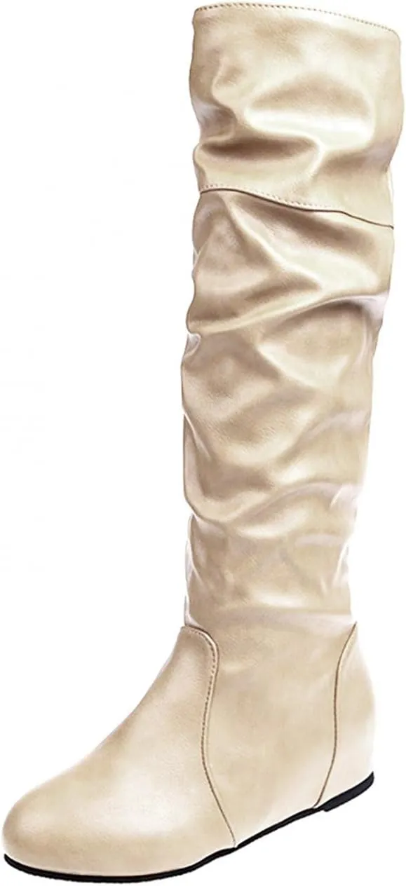 Hbeylia Knee High Boots For Women Vintage Slouchy Ruched Wide Over The Knee Length Boots Ladies Fashion Casual Retro Leather Round Toe Slip On Flats Low Heels Tall Boots For Winter Dress Skirt