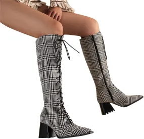 Hbeylia Knee High Combat Boots For Women Vintage Goth Leather Lace Up Knee Length Tall Boots Fashion Casual Chunky Low Heels Motorcycle Riding Long Boots With Side Zip Winter Fall Dress Boots Decor