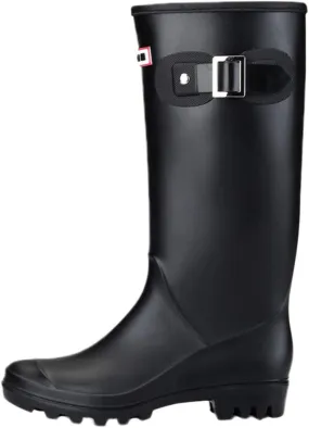 HHmei Women's Knee High Round Toe Buckle Slouched Waterproof Low Heel Boots