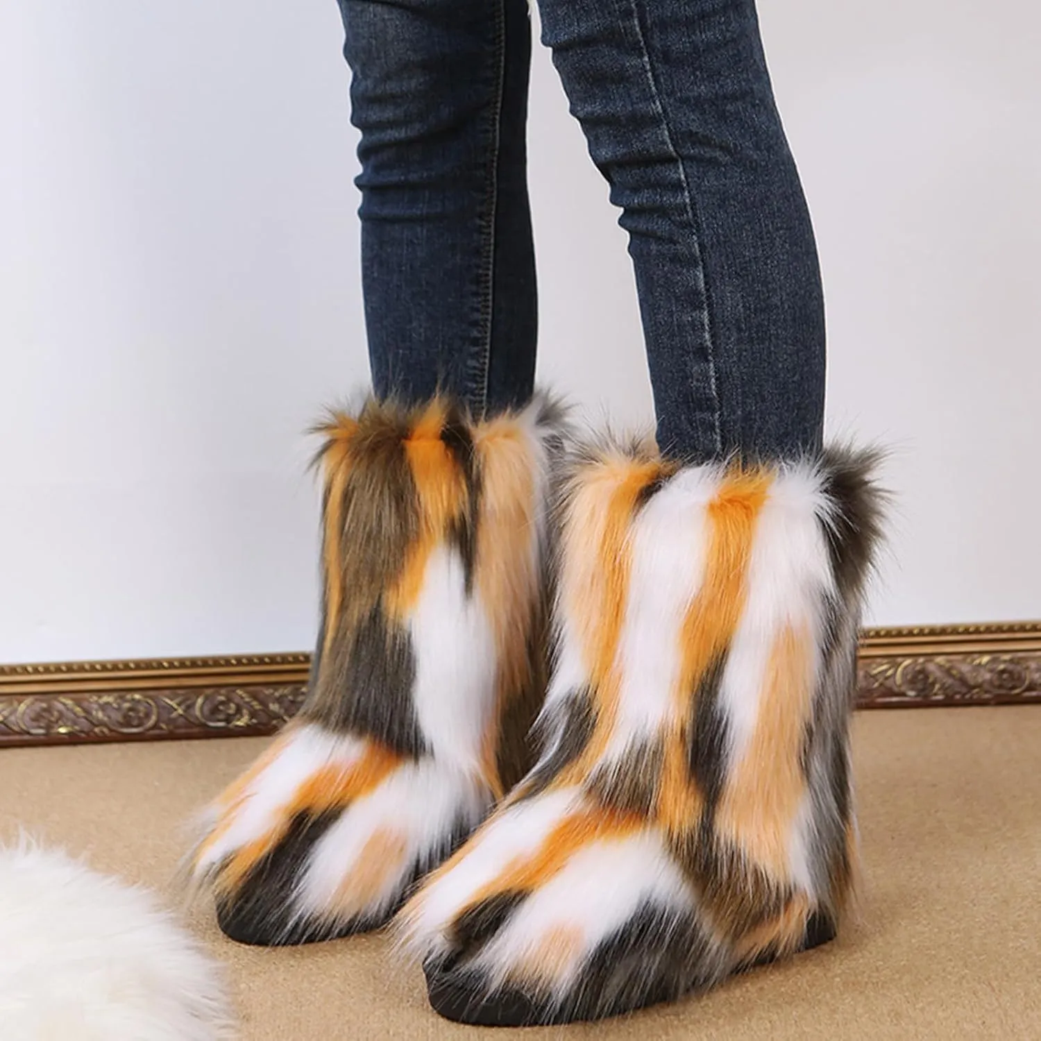 HINDOLA Womens Faux Fur Boots Snow Warm Fashion Fluffy Short Boots Comfortable Winter Ankle Booties Anti Slip Outdoor Indoor Flat Shoes Mid-Calf Boots