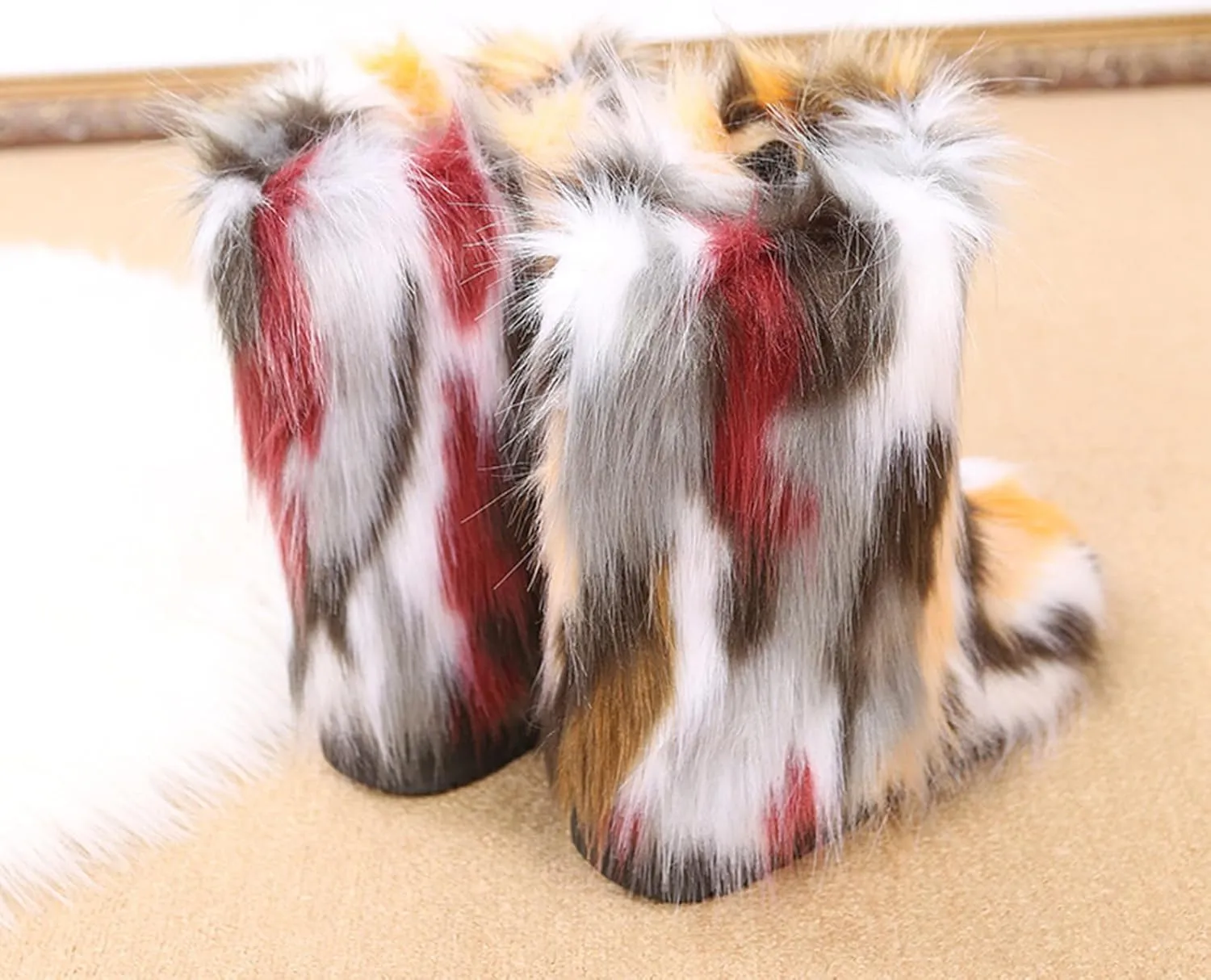 HINDOLA Womens Faux Fur Boots Snow Warm Fashion Fluffy Short Boots Comfortable Winter Ankle Booties Anti Slip Outdoor Indoor Flat Shoes Mid-Calf Boots