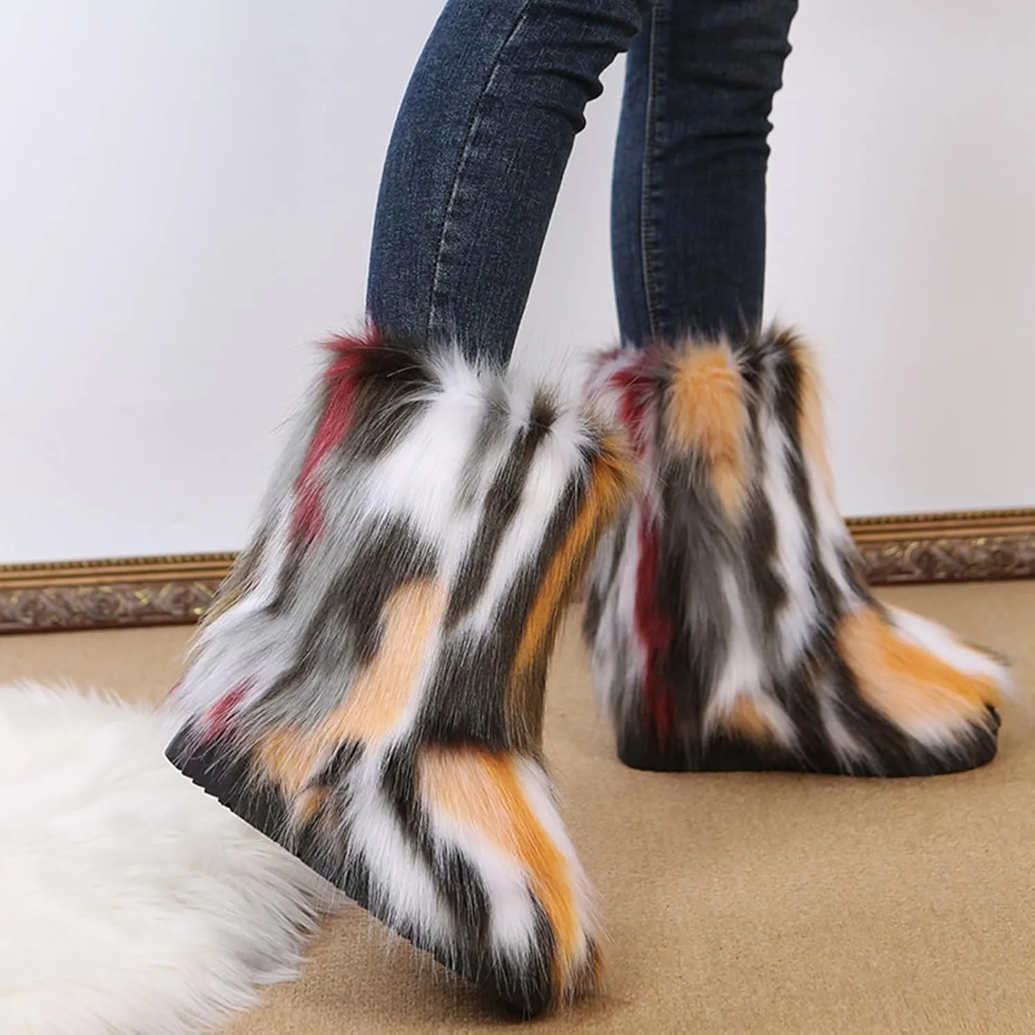 HINDOLA Womens Faux Fur Boots Snow Warm Fashion Fluffy Short Boots Comfortable Winter Ankle Booties Anti Slip Outdoor Indoor Flat Shoes Mid-Calf Boots