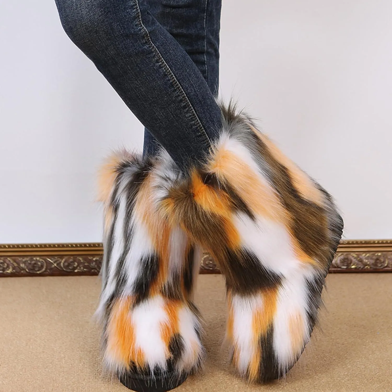 HINDOLA Womens Faux Fur Boots Snow Warm Fashion Fluffy Short Boots Comfortable Winter Ankle Booties Anti Slip Outdoor Indoor Flat Shoes Mid-Calf Boots