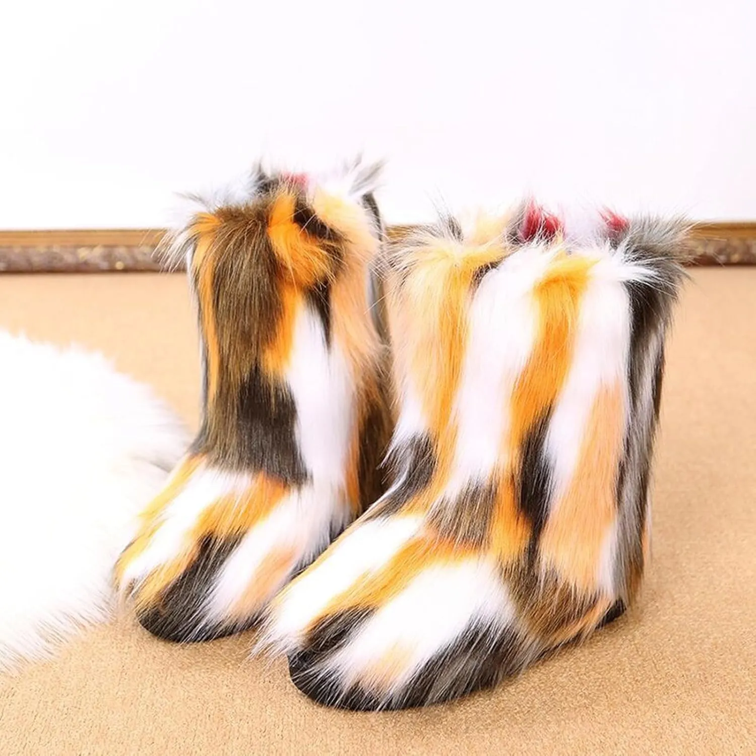 HINDOLA Womens Faux Fur Boots Snow Warm Fashion Fluffy Short Boots Comfortable Winter Ankle Booties Anti Slip Outdoor Indoor Flat Shoes Mid-Calf Boots