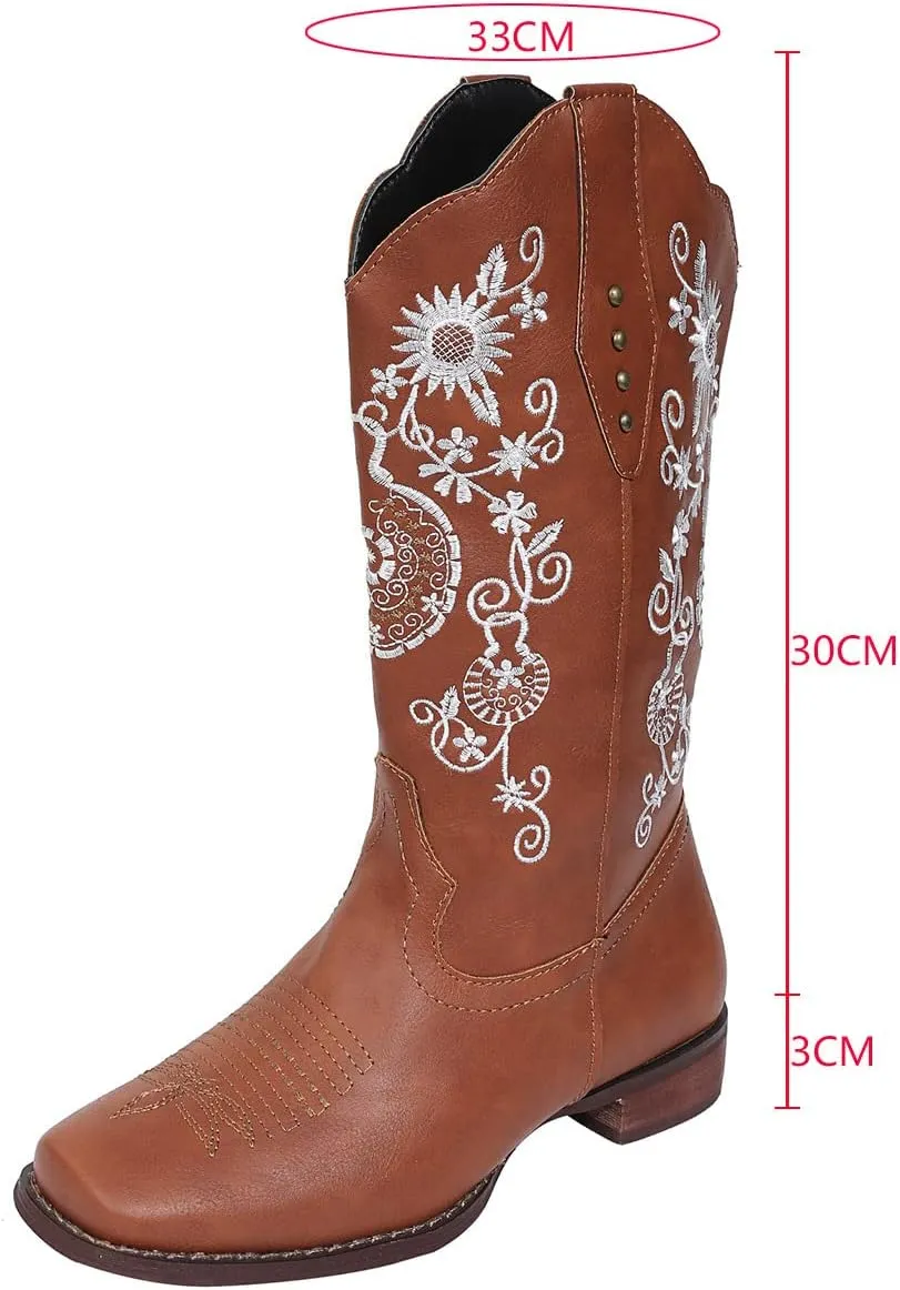 HINDOLA Women's Mid Boots Slip-on Classic Cowboy Rider Boots Chunky Heel Floral Embroidered Western Cowgirl Boots