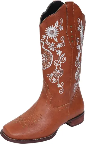 HINDOLA Women's Mid Boots Slip-on Classic Cowboy Rider Boots Chunky Heel Floral Embroidered Western Cowgirl Boots