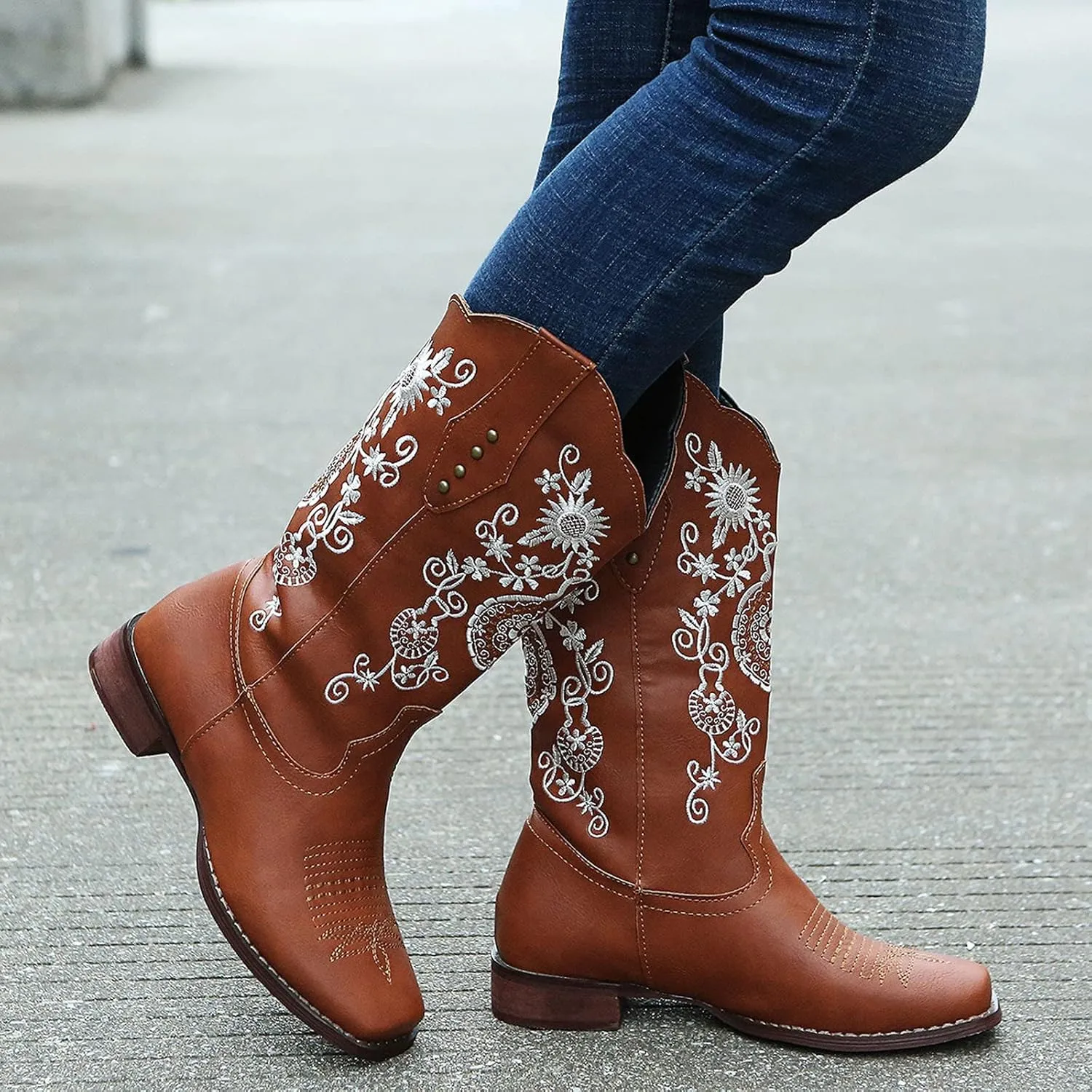 HINDOLA Women's Mid Boots Slip-on Classic Cowboy Rider Boots Chunky Heel Floral Embroidered Western Cowgirl Boots