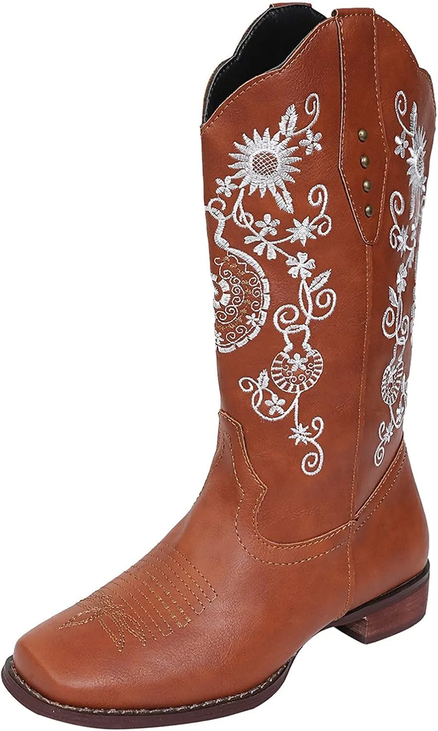 HINDOLA Women's Mid Boots Slip-on Classic Cowboy Rider Boots Chunky Heel Floral Embroidered Western Cowgirl Boots