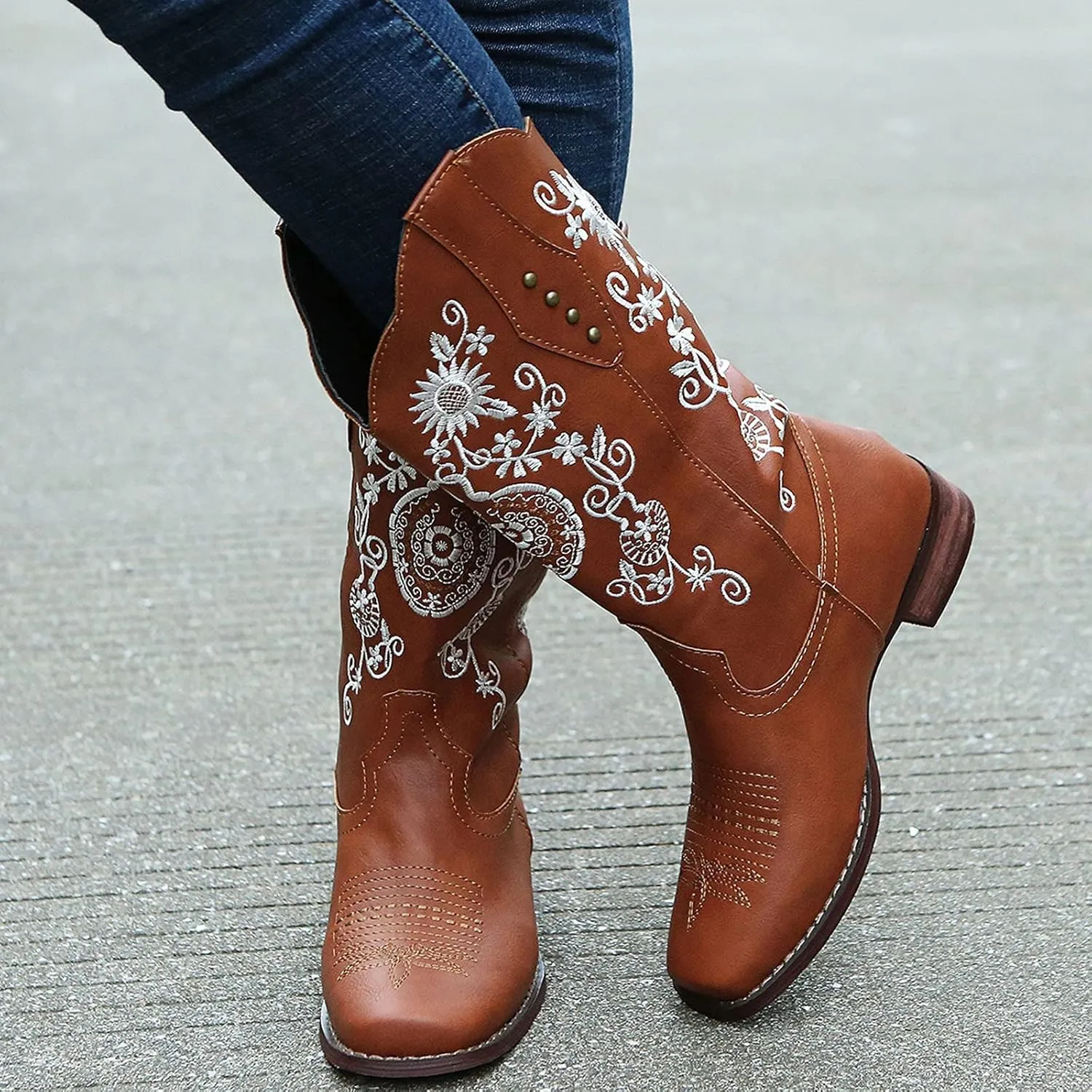 HINDOLA Women's Mid Boots Slip-on Classic Cowboy Rider Boots Chunky Heel Floral Embroidered Western Cowgirl Boots