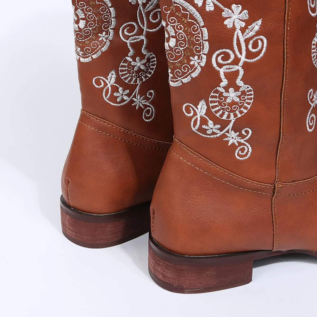 HINDOLA Women's Mid Boots Slip-on Classic Cowboy Rider Boots Chunky Heel Floral Embroidered Western Cowgirl Boots