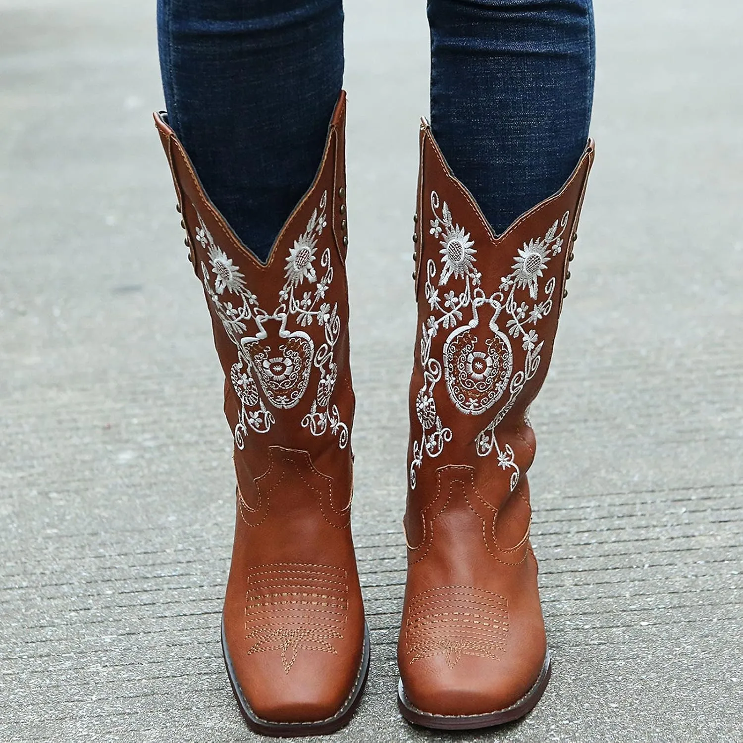 HINDOLA Women's Mid Boots Slip-on Classic Cowboy Rider Boots Chunky Heel Floral Embroidered Western Cowgirl Boots