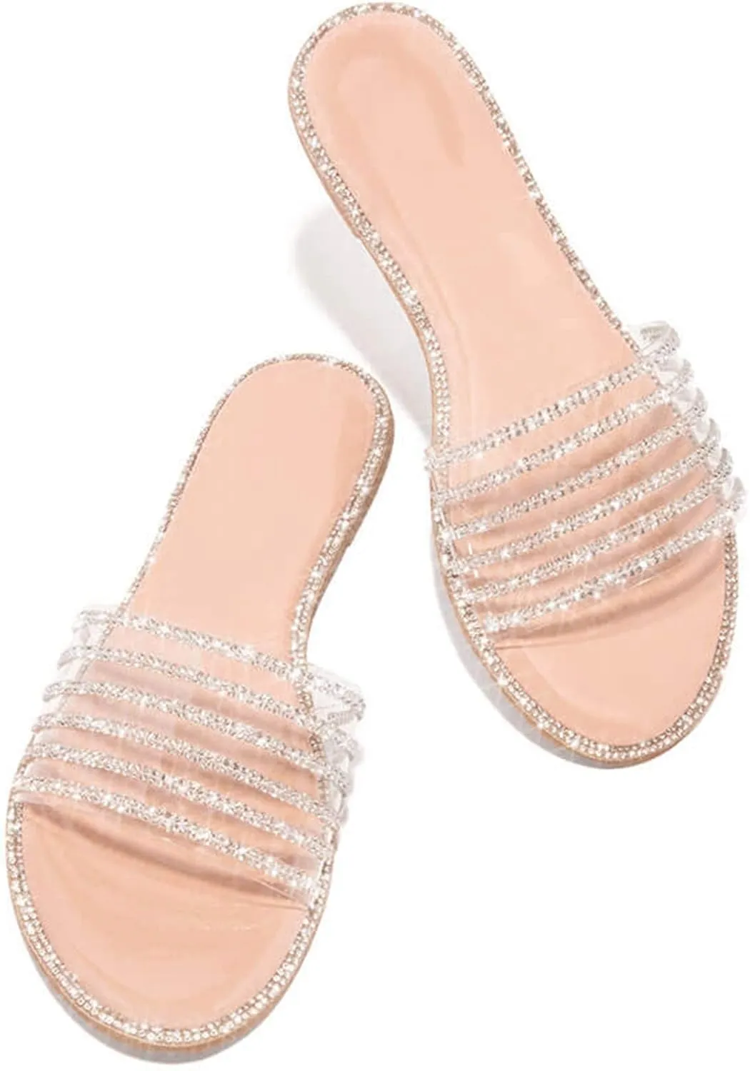 HINDOLA Women's Rhinestone Glitter Flat Sandals Summer Dressy Beach Slip on Sandal Casual Open Toe Flat Slippers Sandals for Women