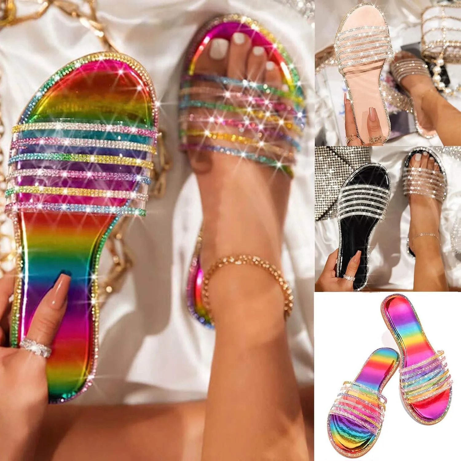 HINDOLA Women's Rhinestone Glitter Flat Sandals Summer Dressy Beach Slip on Sandal Casual Open Toe Flat Slippers Sandals for Women