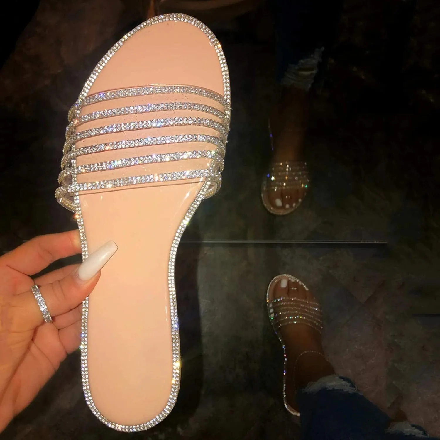 HINDOLA Women's Rhinestone Glitter Flat Sandals Summer Dressy Beach Slip on Sandal Casual Open Toe Flat Slippers Sandals for Women