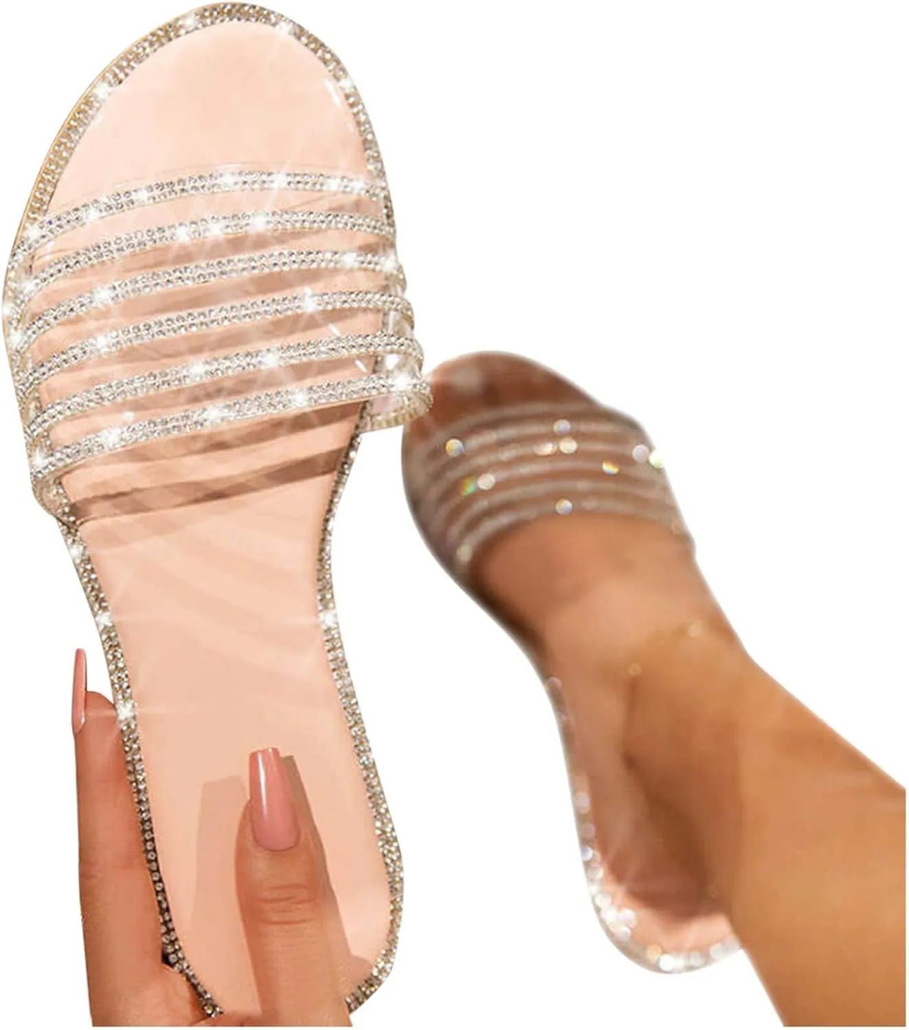 HINDOLA Women's Rhinestone Glitter Flat Sandals Summer Dressy Beach Slip on Sandal Casual Open Toe Flat Slippers Sandals for Women