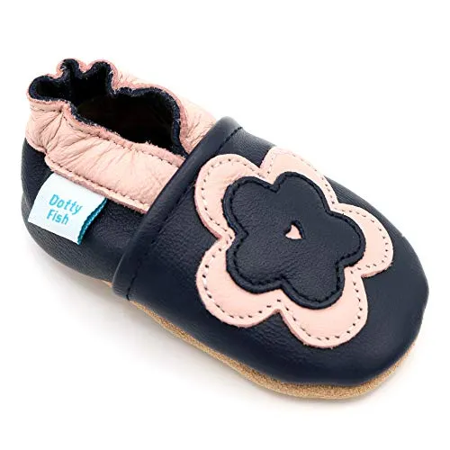 Infant to Toddler Girl's Soft Leather Slip On Shoes, Navy w/Pink Flower, Sizes to 5 Years