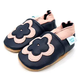 Infant to Toddler Girl's Soft Leather Slip On Shoes, Navy w/Pink Flower, Sizes to 5 Years
