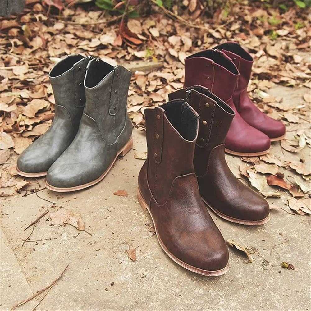 JFISQ Low Chunky Heel Western Boots Round Toe Flats Platform Boots Wide Fit Walking Boots Womens Ankle Boots Fashion Ladies Shoes Waterproof Retro Cowboy Boots for Ladies Boots