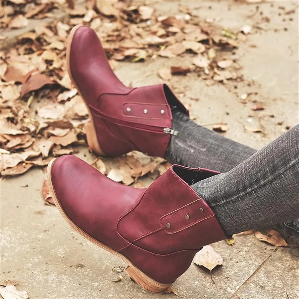 JFISQ Low Chunky Heel Western Boots Round Toe Flats Platform Boots Wide Fit Walking Boots Womens Ankle Boots Fashion Ladies Shoes Waterproof Retro Cowboy Boots for Ladies Boots