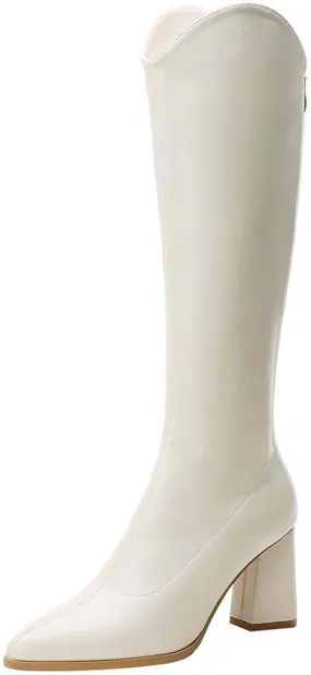 Knee High Boots Women Chunky Heel Fashion Slouchy Pointed Toe Back Zipper Block High Heel Boots Solid Color Casual Comfy Ladies Leather Shoes