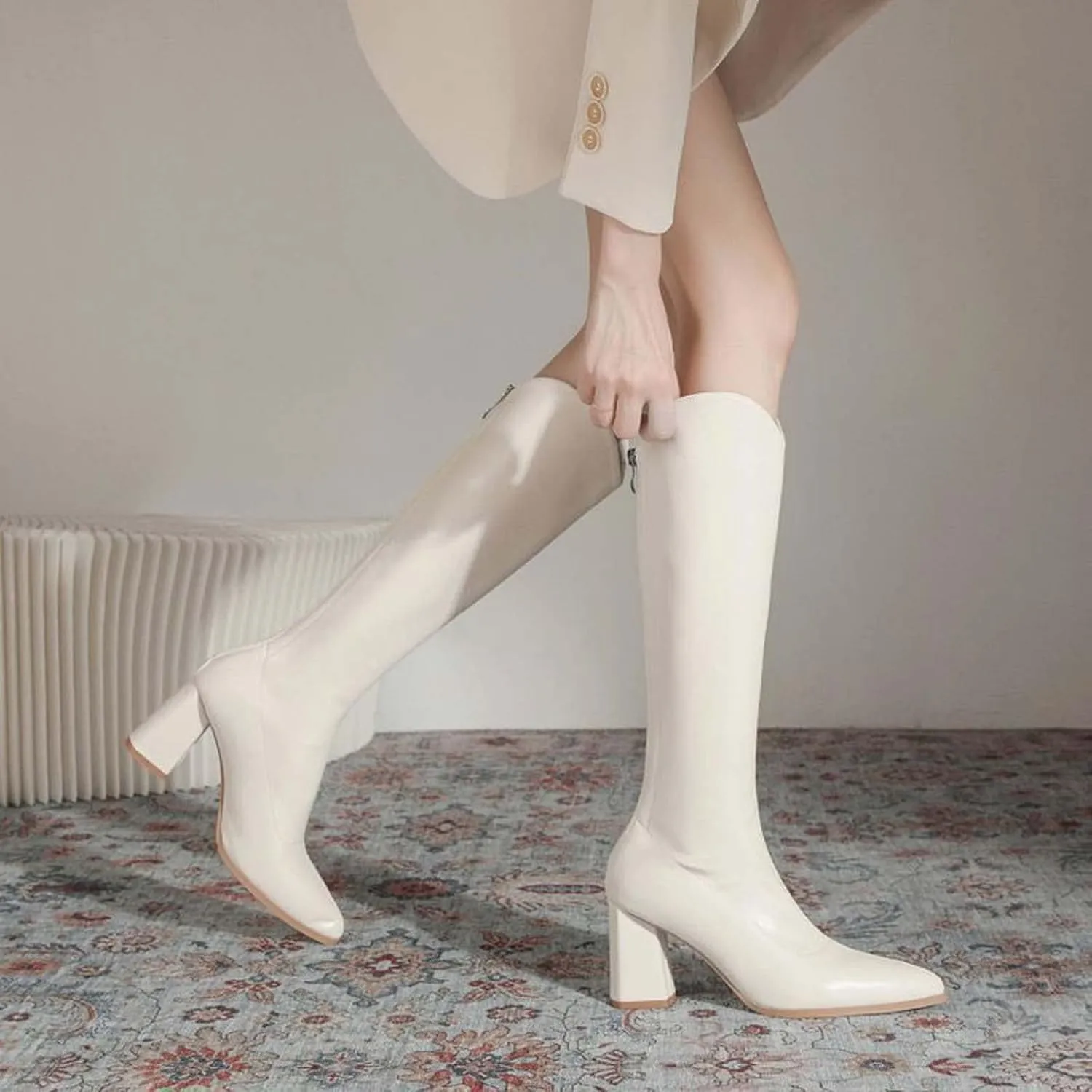Knee High Boots Women Chunky Heel Fashion Slouchy Pointed Toe Back Zipper Block High Heel Boots Solid Color Casual Comfy Ladies Leather Shoes