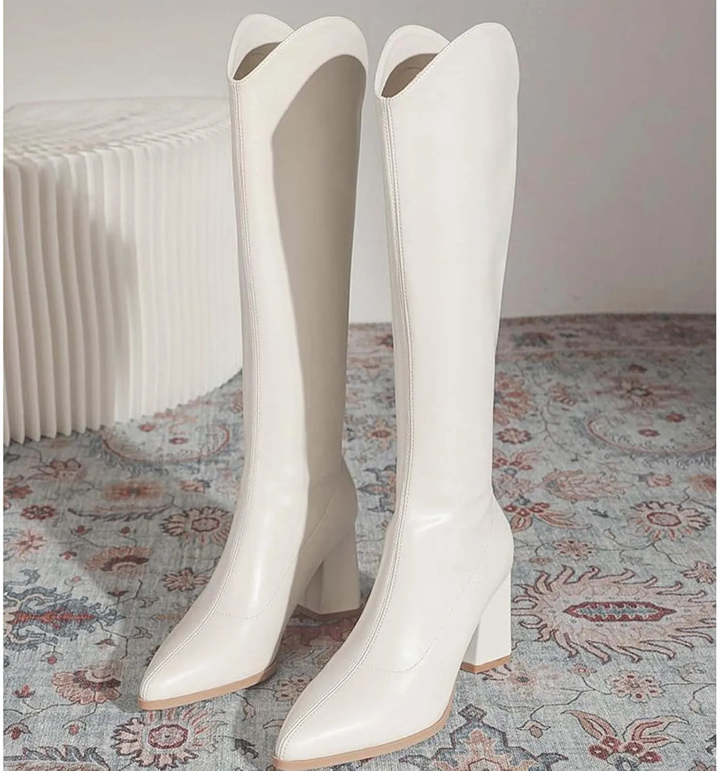 Knee High Boots Women Chunky Heel Fashion Slouchy Pointed Toe Back Zipper Block High Heel Boots Solid Color Casual Comfy Ladies Leather Shoes