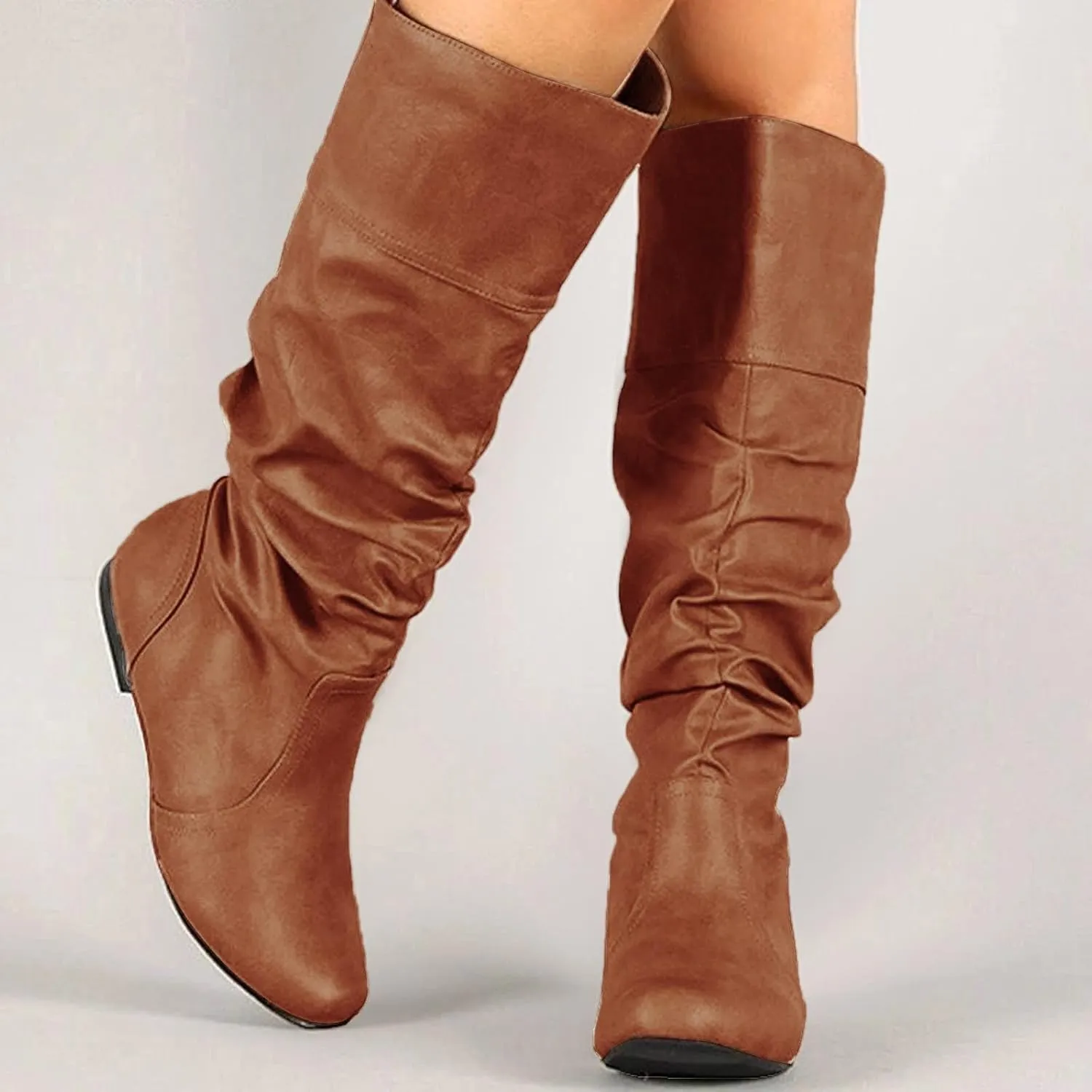 Knee High Boots Women Classic Retro Low Heel Cowboy Boots for Women Western Wide Calf Womens Boots