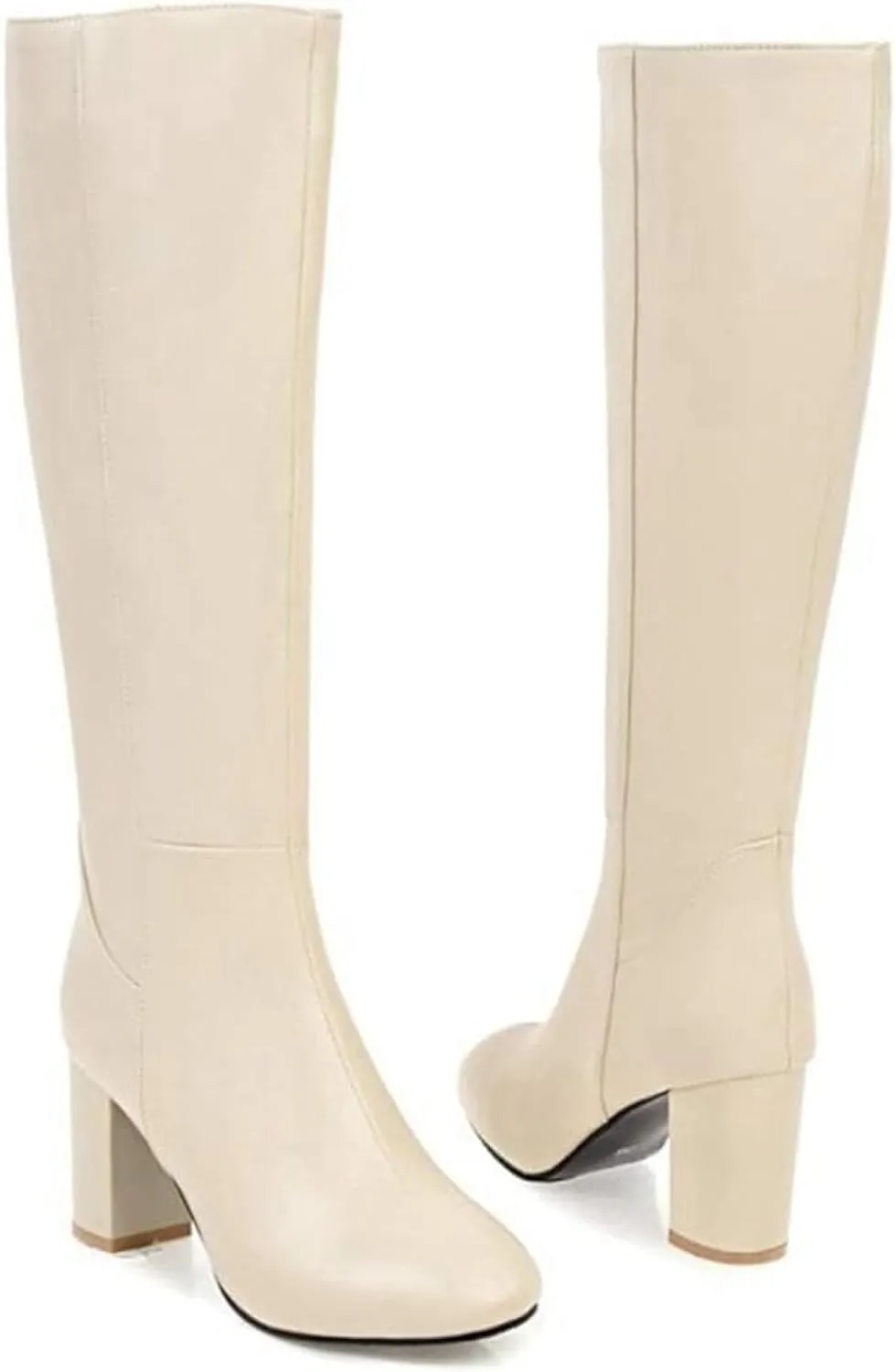 Knee Length Boots for Women's Wide Calf Side Zippered Synthetic Leather High Thick Heel Riding Boots