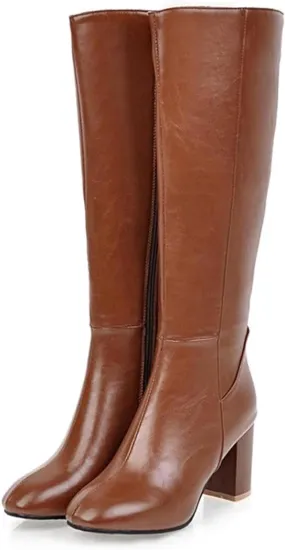 Knee Length Boots for Women's Wide Calf Side Zippered Synthetic Leather High Thick Heel Riding Boots