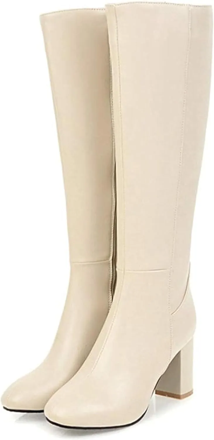 Knee Length Boots for Women's Wide Calf Side Zippered Synthetic Leather High Thick Heel Riding Boots