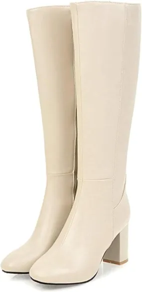 Knee Length Boots for Women's Wide Calf Side Zippered Synthetic Leather High Thick Heel Riding Boots