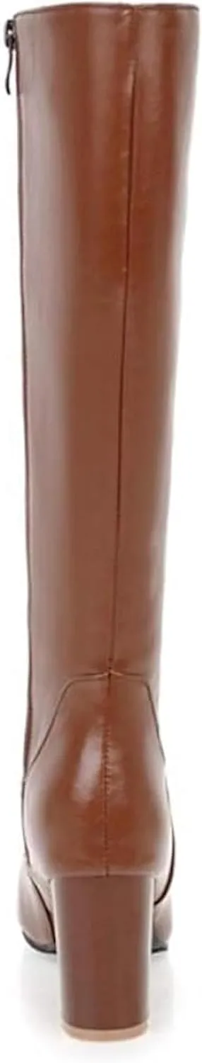 Knee Length Boots for Women's Wide Calf Side Zippered Synthetic Leather High Thick Heel Riding Boots