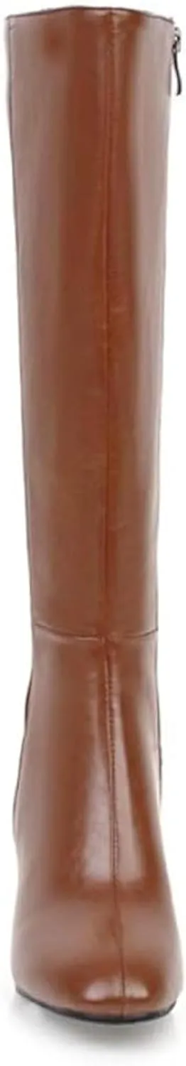 Knee Length Boots for Women's Wide Calf Side Zippered Synthetic Leather High Thick Heel Riding Boots