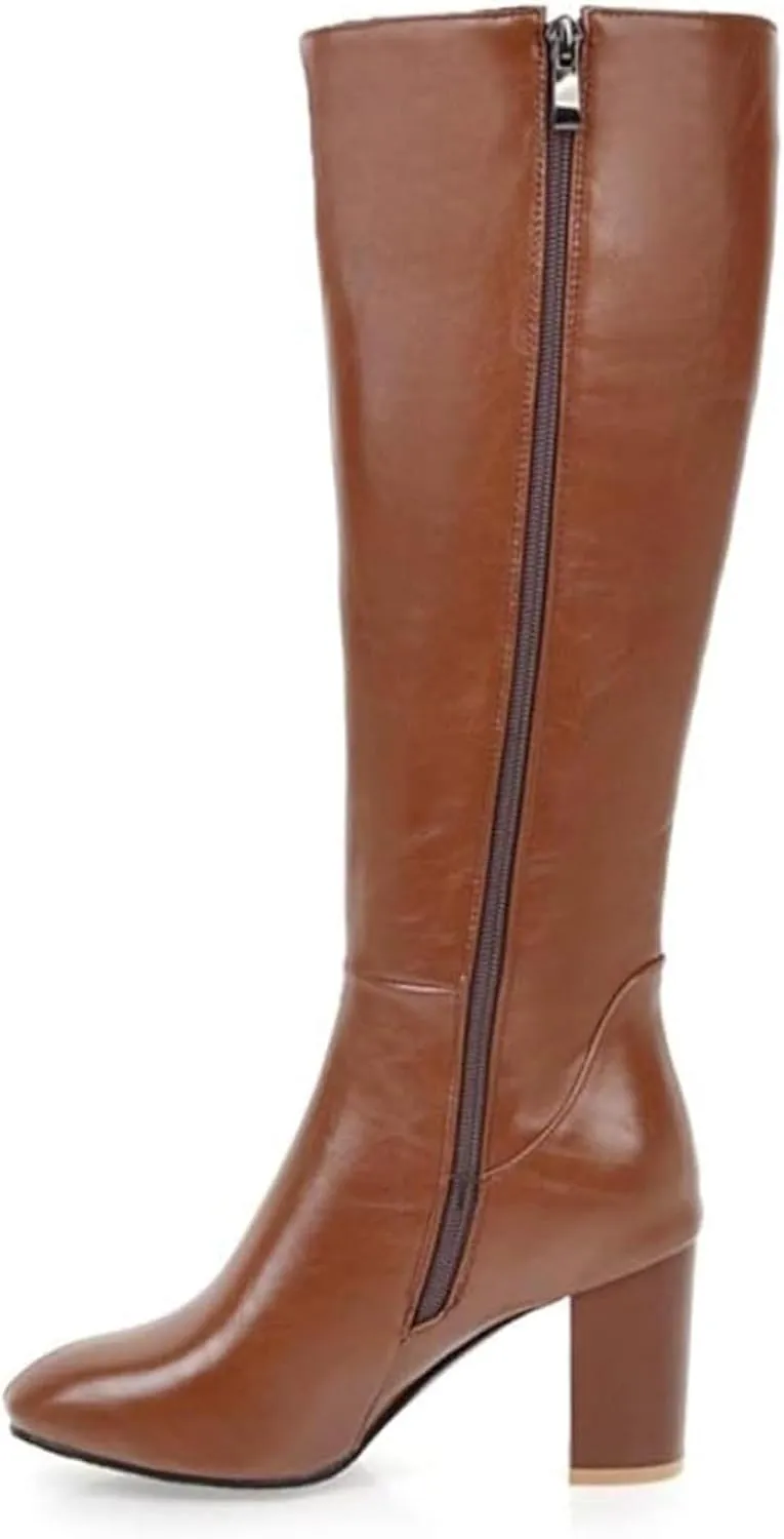 Knee Length Boots for Women's Wide Calf Side Zippered Synthetic Leather High Thick Heel Riding Boots