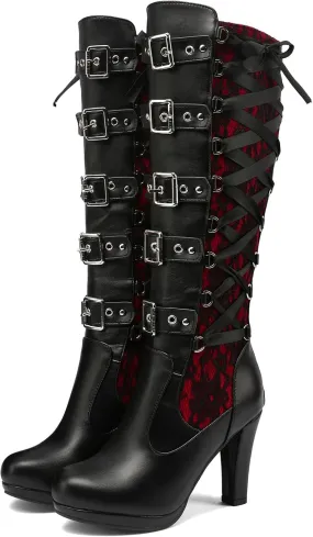 KysBloes Women Lace Goth Knee High Boots Buckle Block Heel Lace Up Knee Length Boots Punk Platform Tall Boots